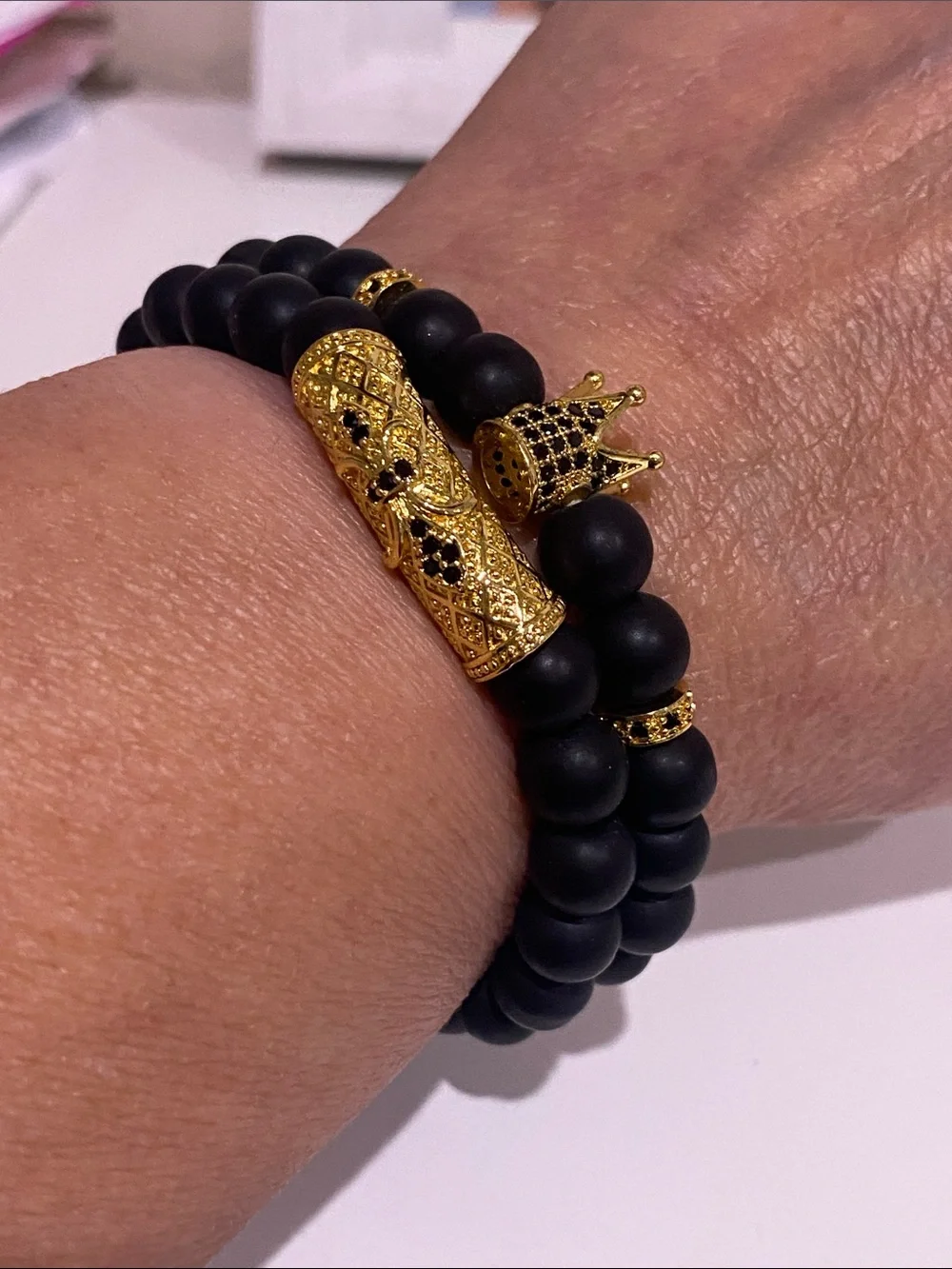 Men's Black Beaded Bracelet with Gold Crown Accent
